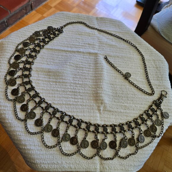 Vintage Hematite Swag Chain Link Belt with Coin Medallions - Picture 1 of 7